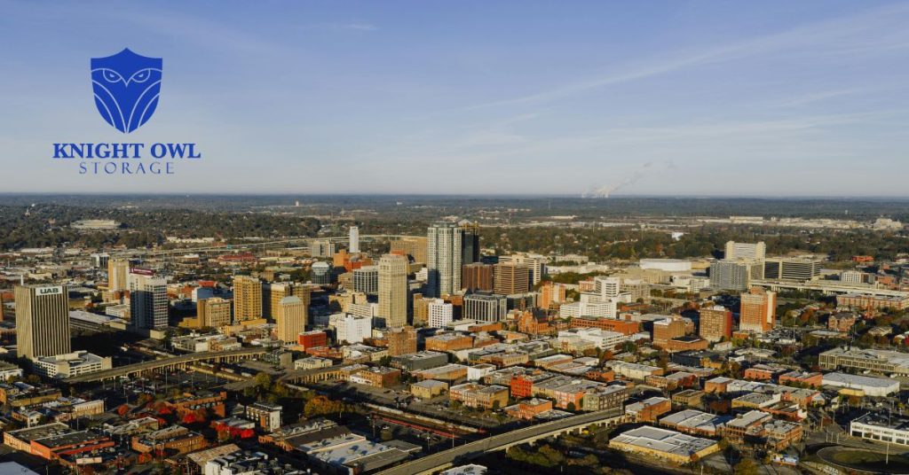 Knight Owl Storage Beltline logo with an aerial view of Mobile AL