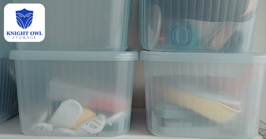 Plastic storage bins showing packed household items for easy loading into a drive-up storage unit